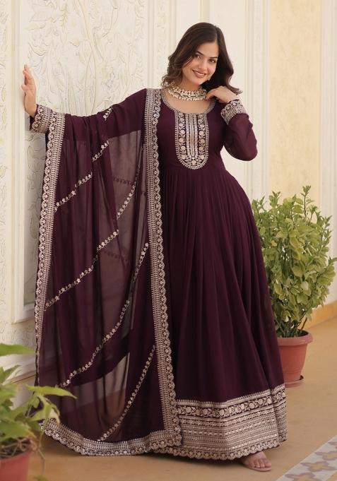 Wine Embroidered Faux Blooming Anarkali With Dupatta