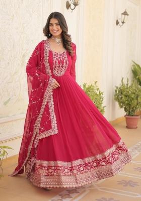 Pink Embroidered Faux Blooming Anarkali With Dupatta