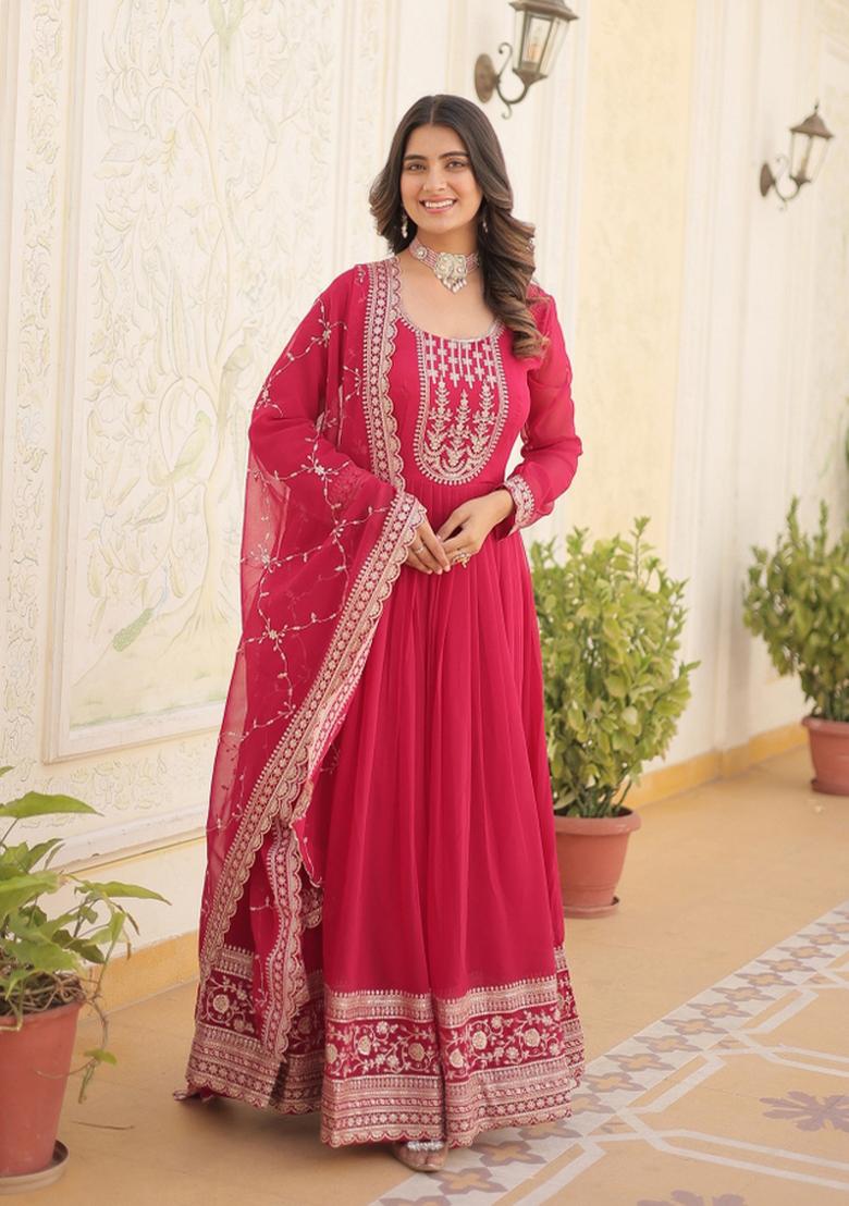 Pink Embroidered Faux Blooming Anarkali With Dupatta - Indya