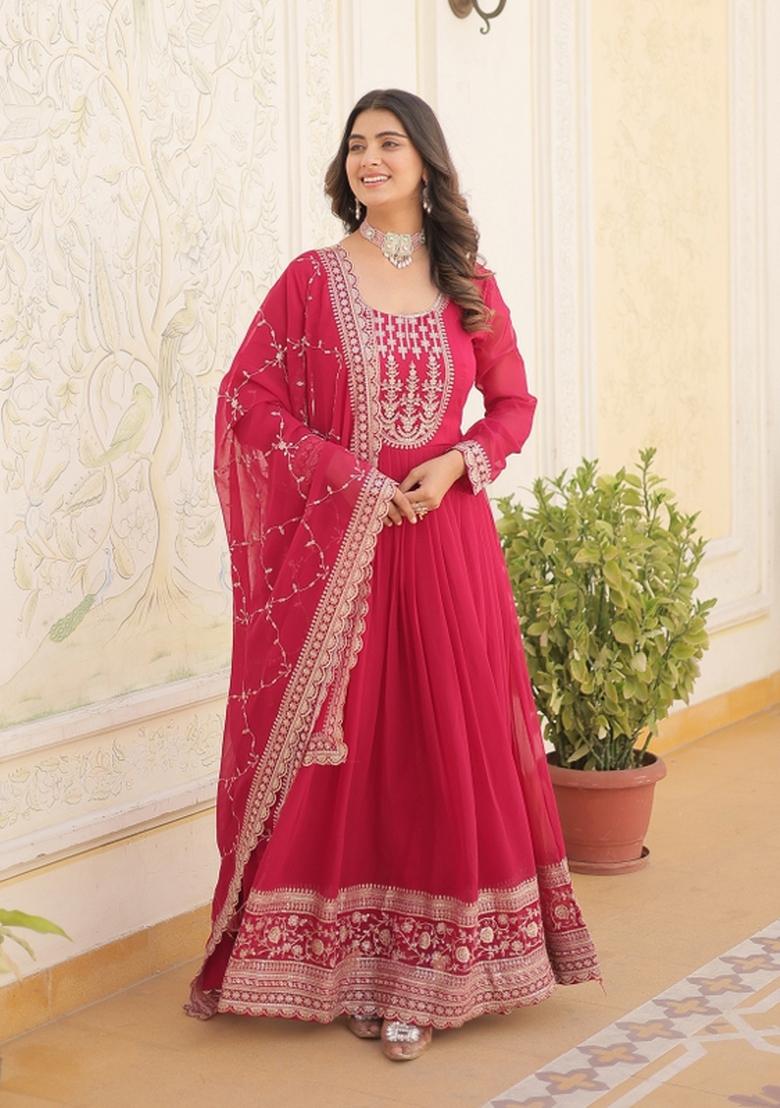Pink Embroidered Faux Blooming Anarkali With Dupatta - Indya