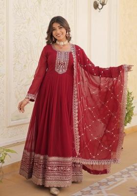 Maroon Embroidered Faux Blooming Anarkali With Dupatta