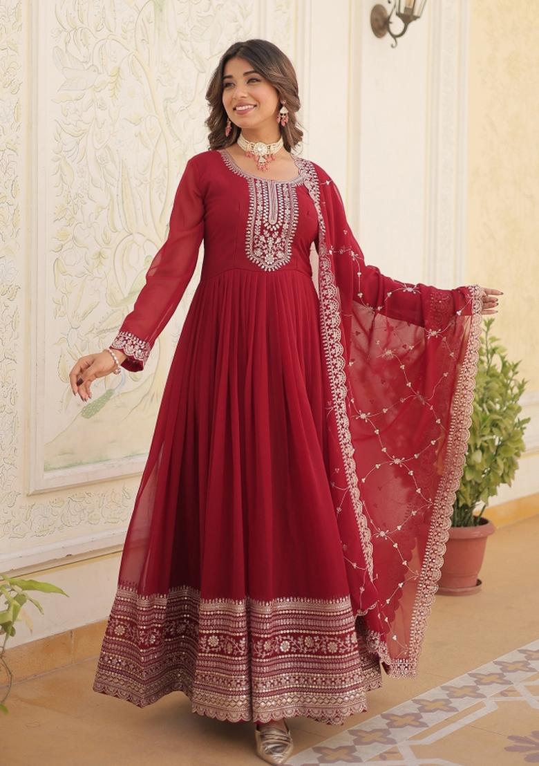 Maroon Embroidered Faux Blooming Anarkali With Dupatta - Indya