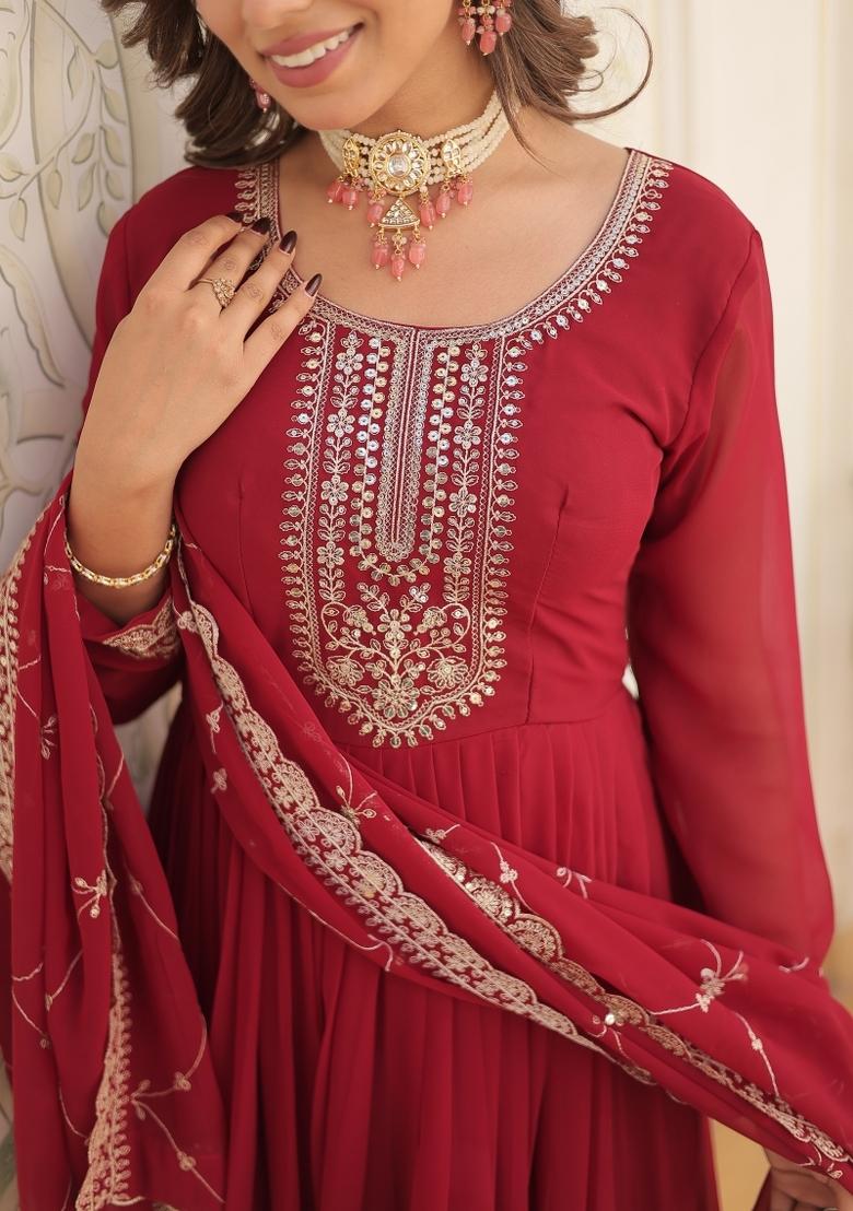 Maroon Embroidered Faux Blooming Anarkali With Dupatta - Indya