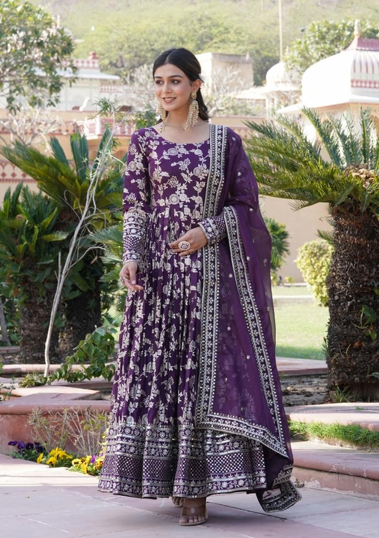 Wine Embroidered Viscose Anarkali With Dupatta - Indya