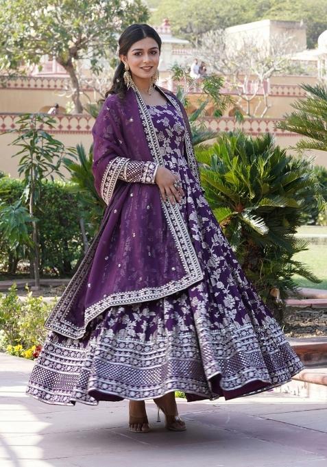 Wine Embroidered Viscose Anarkali With Dupatta