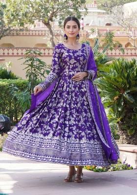 Purple Embroidered Viscose Anarkali With Dupatta