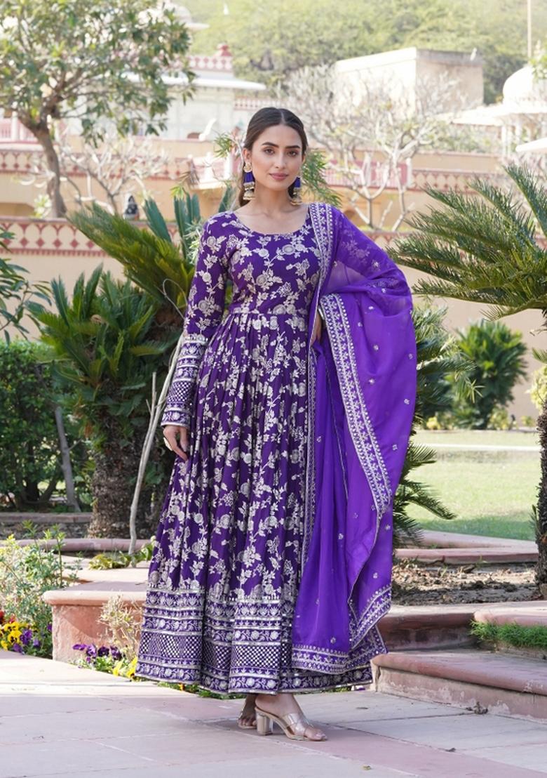Purple Embroidered Viscose Anarkali With Dupatta - Indya
