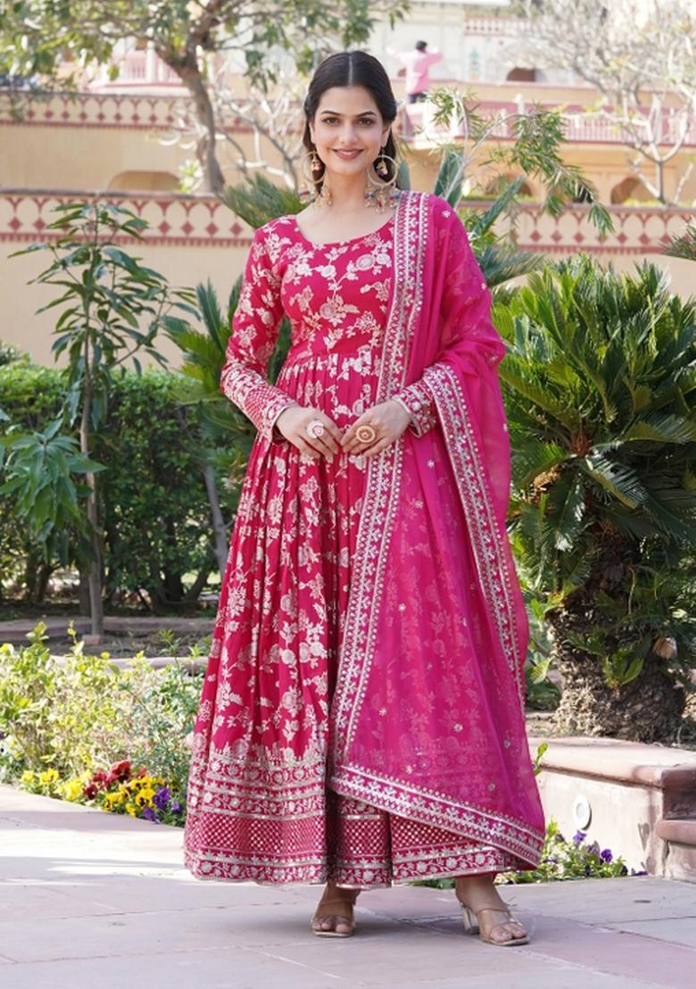 Pink Embroidered Viscose Anarkali With Dupatta - Indya