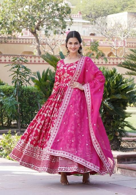 Pink Embroidered Viscose Anarkali With Dupatta