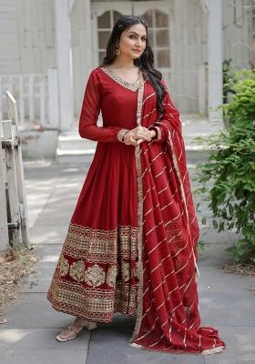 Maroon Embroidered Faux Blooming Anarkali With Dupatta
