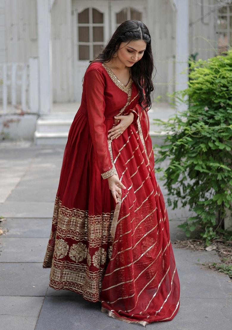 Maroon Embroidered Faux Blooming Anarkali With Dupatta - Indya