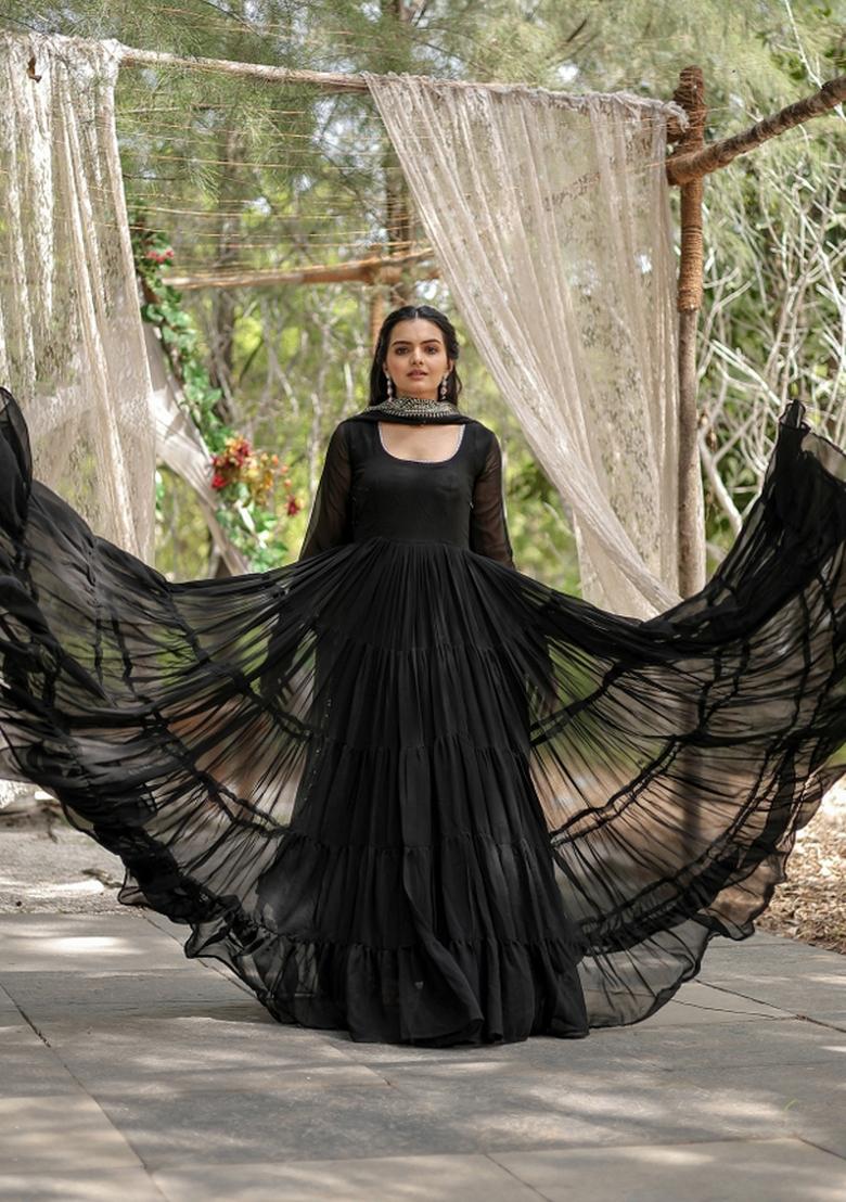 Black Embroidered Georgette Anarkali With Dupatta - Indya