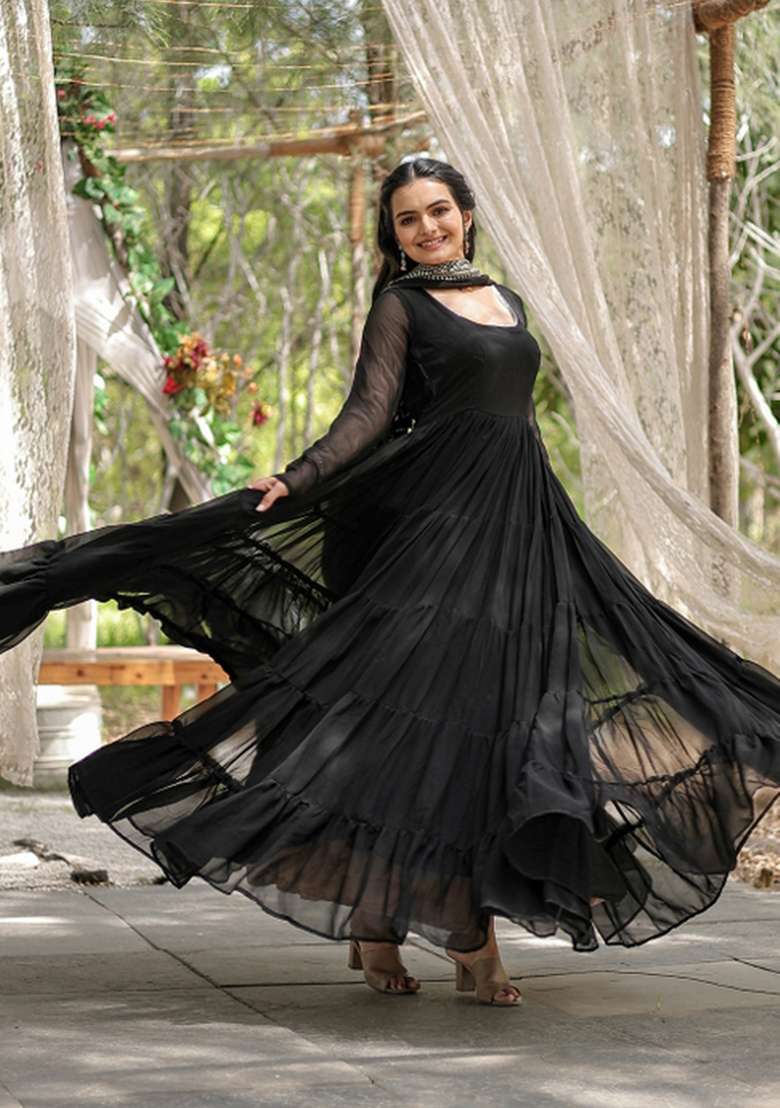 Black Embroidered Georgette Anarkali With Dupatta - Indya