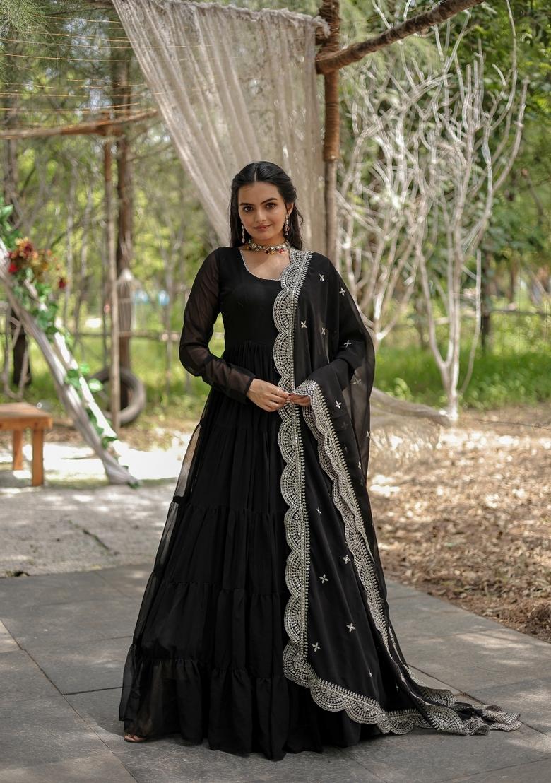Black Embroidered Georgette Anarkali With Dupatta - Indya