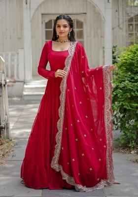 Pink Embroidered Georgette Anarkali With Dupatta