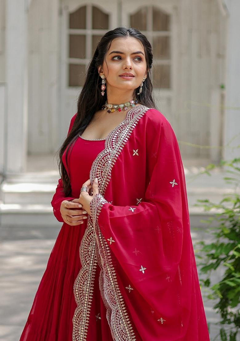 Pink Embroidered Georgette Anarkali With Dupatta - Indya