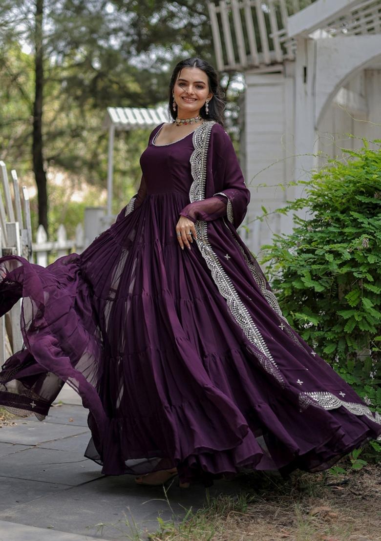 Wine Embroidered Georgette Anarkali With Dupatta - Indya