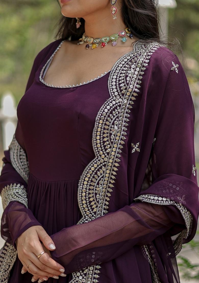 Wine Embroidered Georgette Anarkali With Dupatta - Indya
