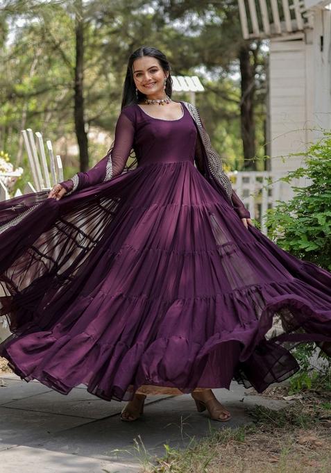Wine Embroidered Georgette Anarkali With Dupatta
