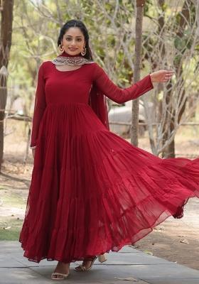 Maroon Embroidered Georgette Anarkali With Dupatta