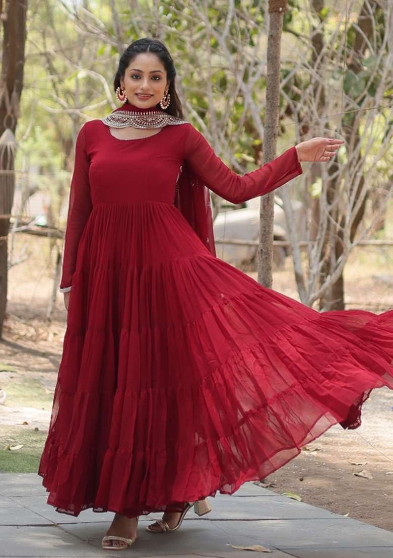 Maroon Embroidered Georgette Anarkali With Dupatta - Indya