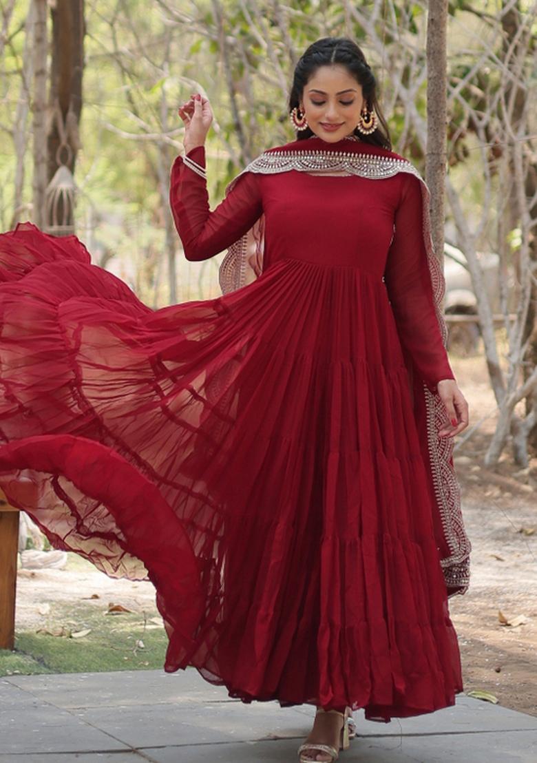 Maroon Embroidered Georgette Anarkali With Dupatta - Indya