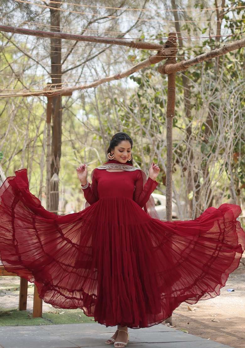 Maroon Embroidered Georgette Anarkali With Dupatta - Indya