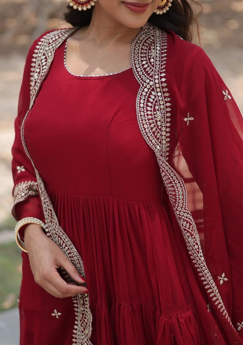 Maroon Embroidered Georgette Anarkali With Dupatta - Indya