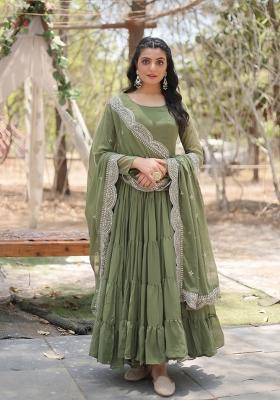 Mehendi Embroidered Georgette Anarkali With Dupatta