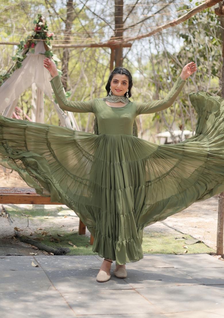 Mehendi Embroidered Georgette Anarkali With Dupatta - Indya