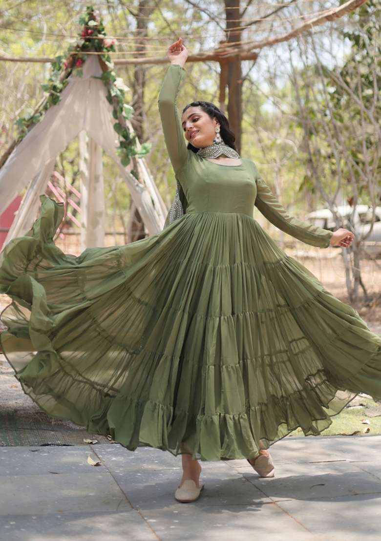 Mehendi Embroidered Georgette Anarkali With Dupatta - Indya