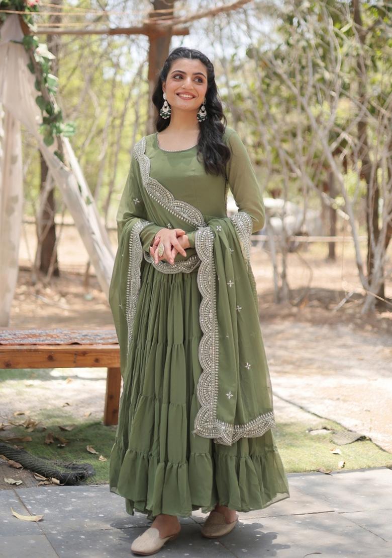 Mehendi Embroidered Georgette Anarkali With Dupatta - Indya