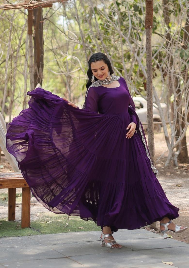Purple Embroidered Georgette Anarkali With Dupatta - Indya