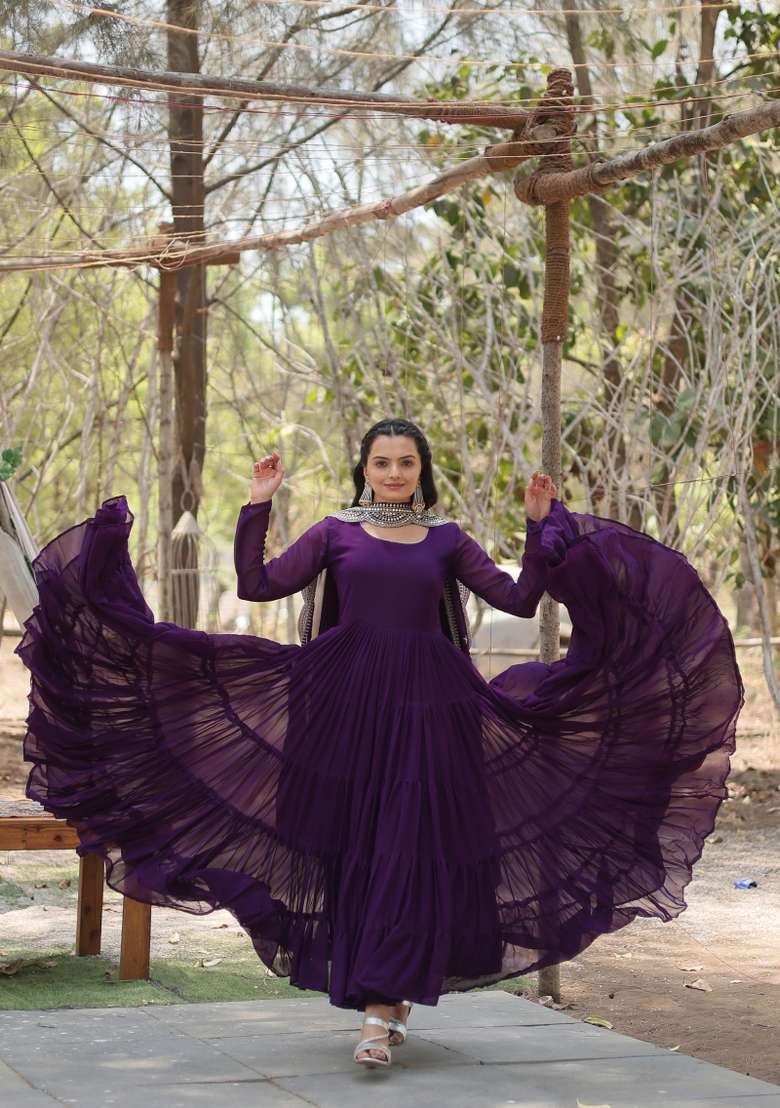 Purple Embroidered Georgette Anarkali With Dupatta - Indya