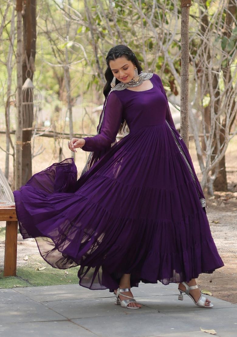 Purple Embroidered Georgette Anarkali With Dupatta - Indya