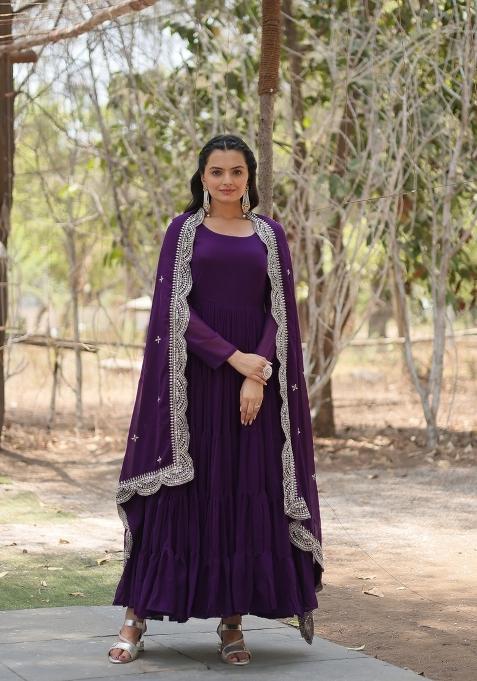 Purple Embroidered Georgette Anarkali With Dupatta