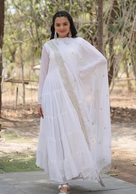 White Embroidered Georgette Anarkali With Dupatta