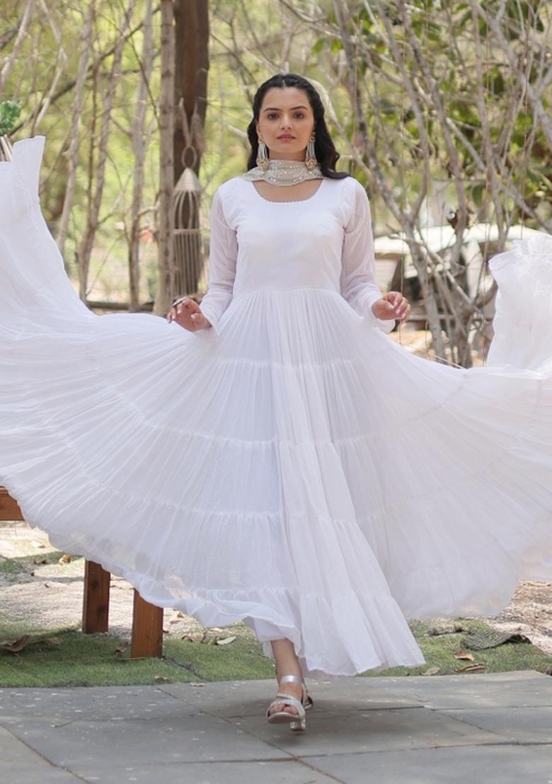 White Embroidered Georgette Anarkali With Dupatta - Indya