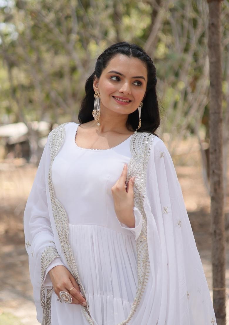 White Embroidered Georgette Anarkali With Dupatta - Indya