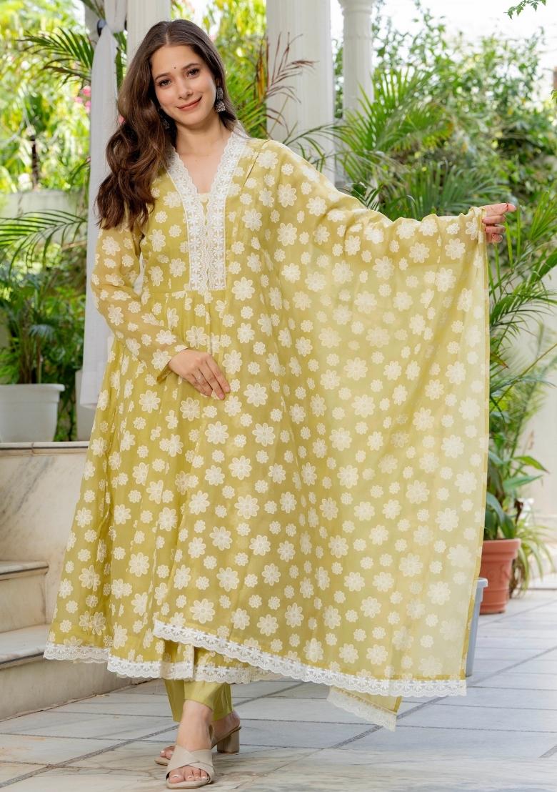 Yellow Printed Organza Kurta Set - Indya