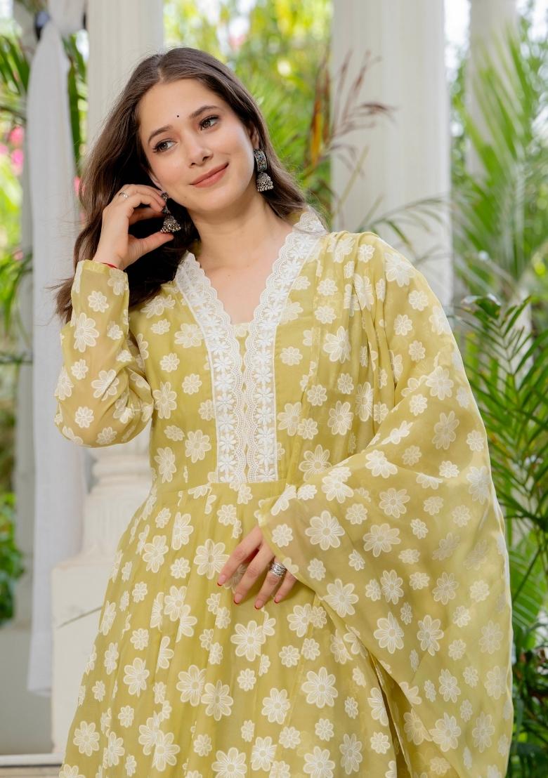 Yellow Printed Organza Kurta Set - Indya