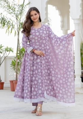 Purple Printed Organza Kurta Set