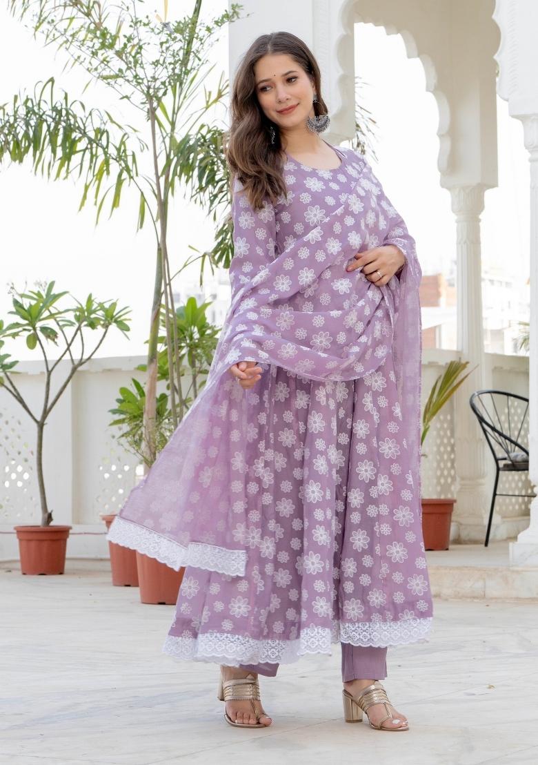 Purple Printed Organza Kurta Set - Indya