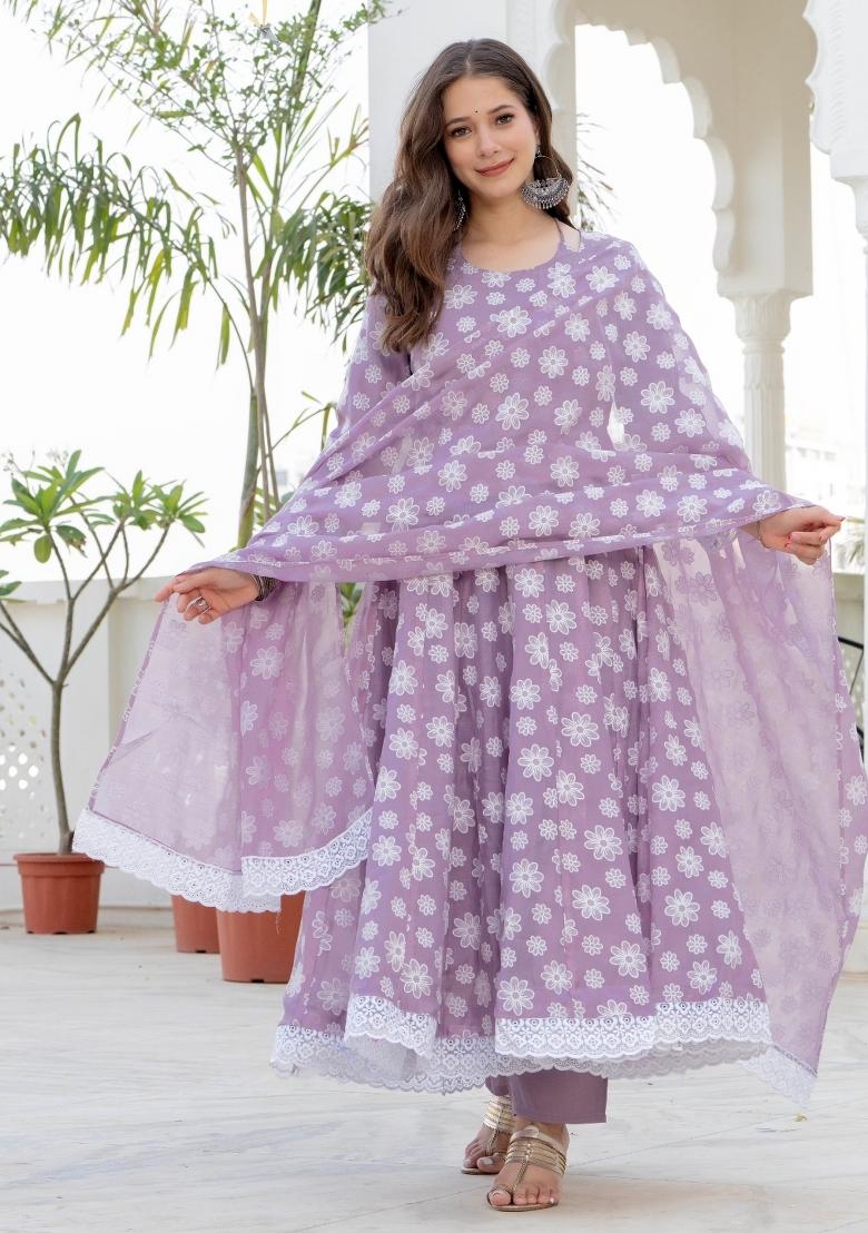 Purple Printed Organza Kurta Set - Indya
