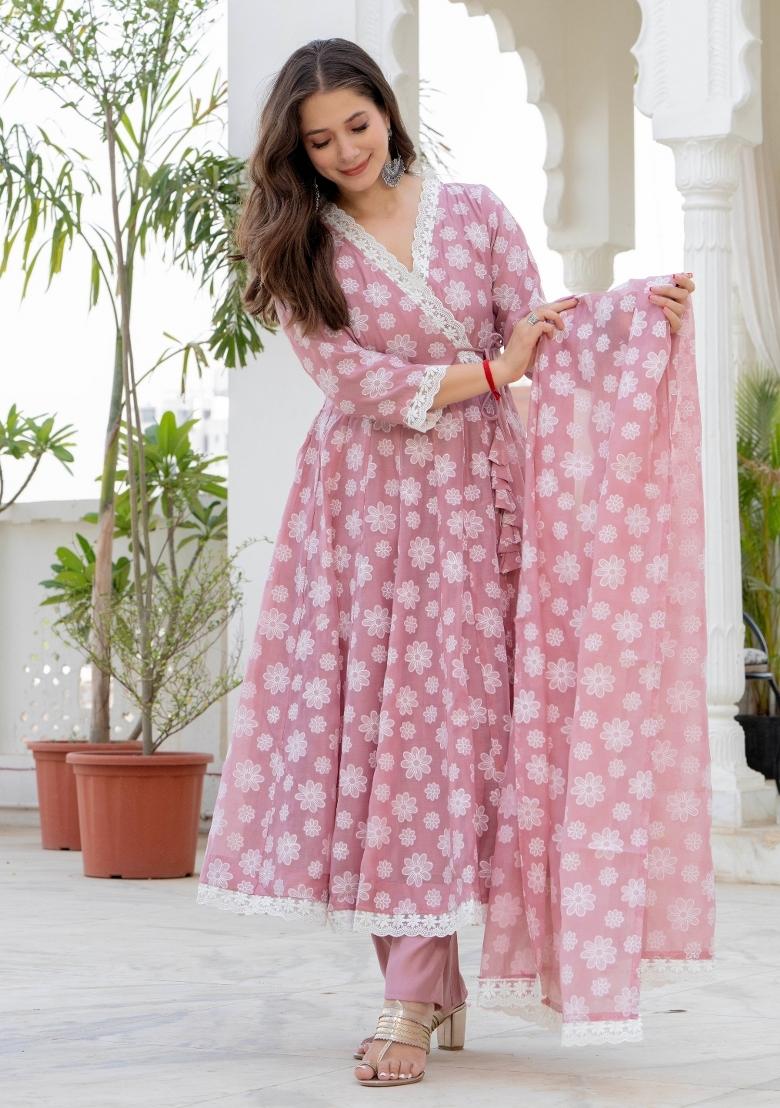 Pink Printed Organza Kurta Set - Indya