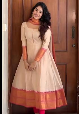 Beige Solid Silk Blend Kurta Set