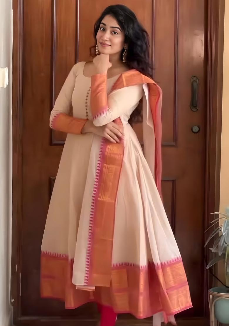 Beige Solid Silk Blend Kurta Set - Indya