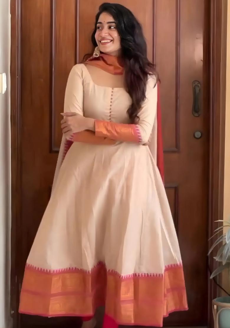 Beige Solid Silk Blend Kurta Set - Indya