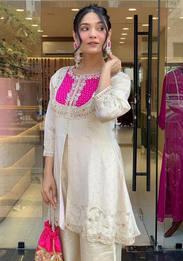 White Embroidered Chanderi Kurta Set - Indya