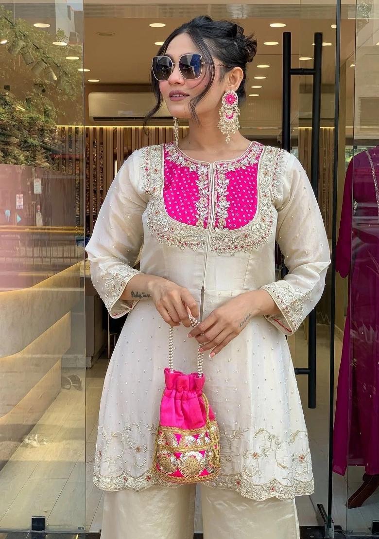 White Embroidered Chanderi Kurta Set - Indya